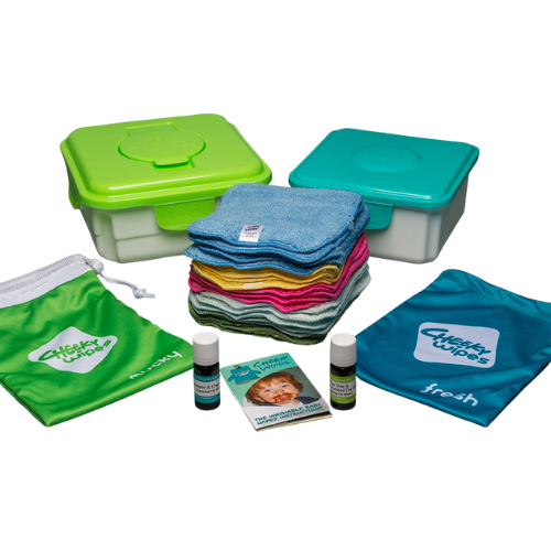 Cheeky Wipes Premium all-in-one kit 25 doekjes biologisch katoen kleur dozen blauw en groen olie lavendel/kamille