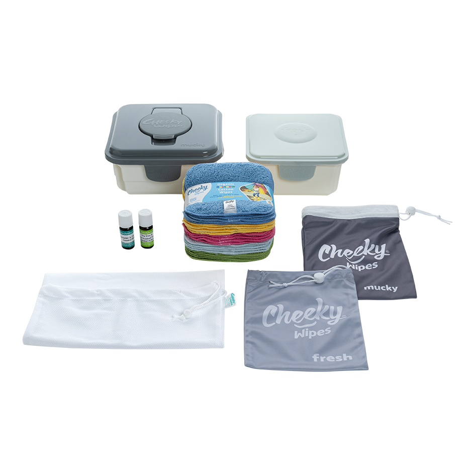 Cheeky Wipes Premium all-in-one kit 25 doekjes bamboe terry wit dozen zilver en grijs olie lavendel/kamille