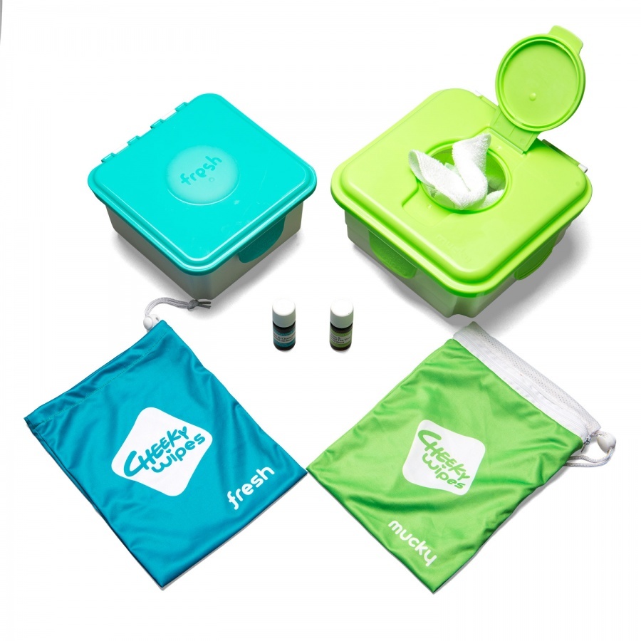 [CWPKCWBGLC] Cheeky Wipes Premium all-in-one kit 25 doekjes biologisch katoen wit dozen blauw en groen olie lavendel/kamille