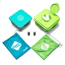 Cheeky Wipes Premium All-in-One-Set, 25 weiße Bio-Baumwolltücher, Behälter blau und grün, Lavendel-/Kamillenöl