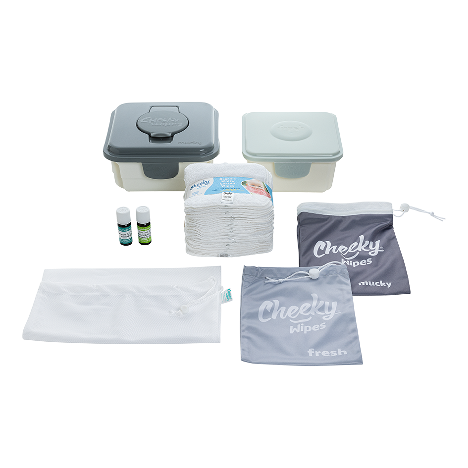Cheeky Wipes Premium all-in-one kit 25 doekjes biologisch katoen kleur dozen zilver en grijs olie lavendel/kamille