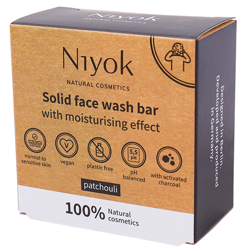 Niyok Solid face wash bar with moisturising effect with patchouli and activated charcoal, 80g