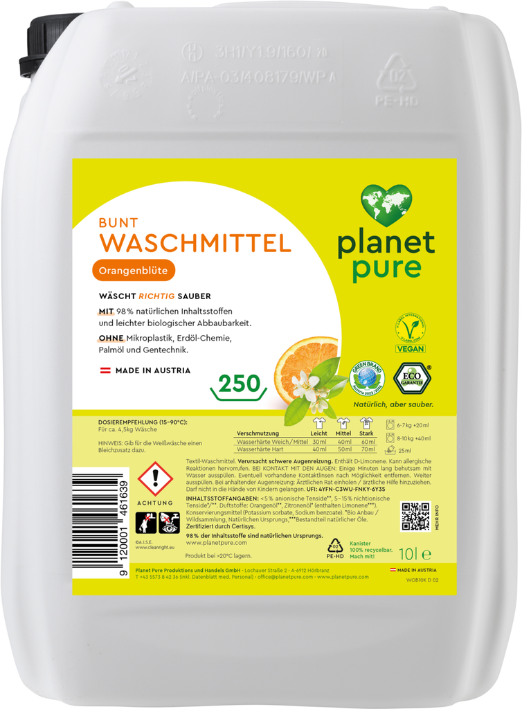 Planet Pure vloeibaar wasmiddel voor de gekleurde was Orange Blossom 10L
