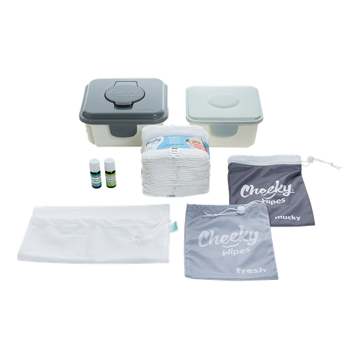 [CWPKCCSGLC] Cheeky Wipes Premium all-in-one kit 25 doekjes biologisch katoen kleur dozen zilver en grijs olie lavendel/kamille