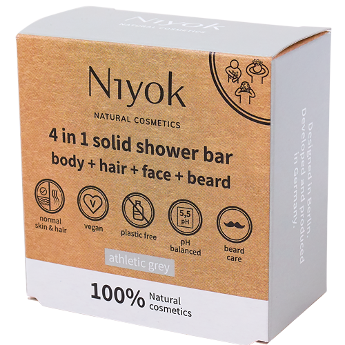 [3258NIY] Niyok 4 in 1 solid shower bar body + hair + face + beard Athletic grey, 80g